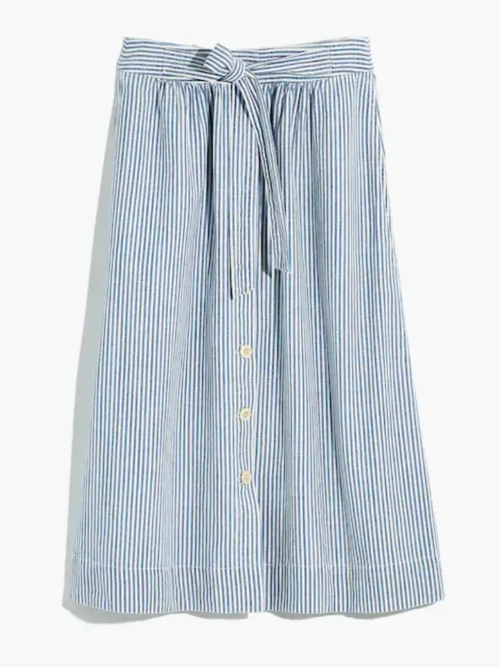 Madewell Palisade blue white striped tie button-front midi skirt, size 2